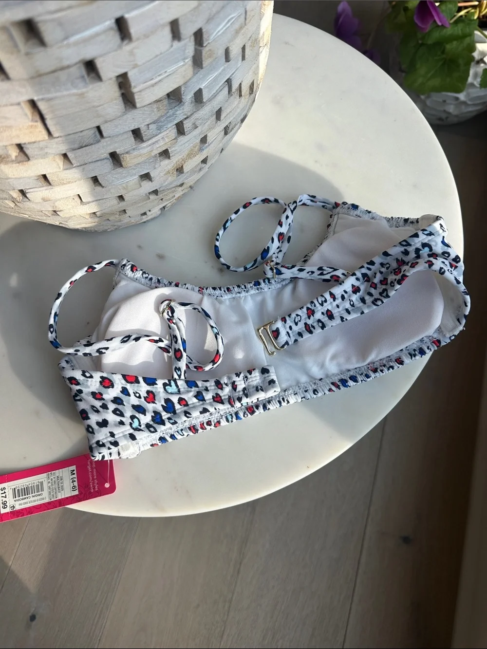 Xhilaration Juniors White Smocked Swim Top with Navy and Red Speckle Print